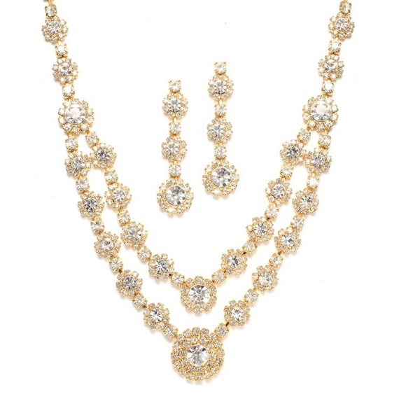 Regal Gold ✨ Two Row Rhinestone 💎Necklace & Earrings Set LuxFashionGalleria.com - Picture 2 of 5